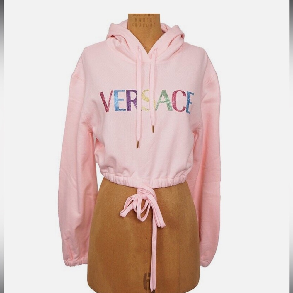 VERSACE CRYSTAL LOGO CROPPED SWEATSHIRT HOODIE TOP
